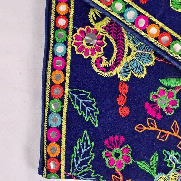 Navy Blue Clutch Bag Colorful Embroidery Elephants Floral Mirror Details NWOT - Picture 3 of 14